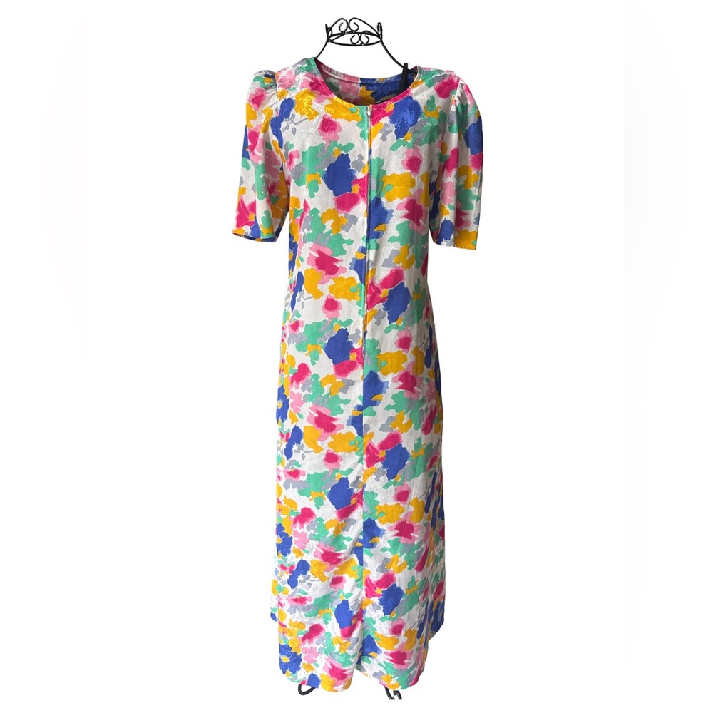 Vintage 1950s/1960s Multicolor Floral Silky Muumuu Caftan Dress. OS